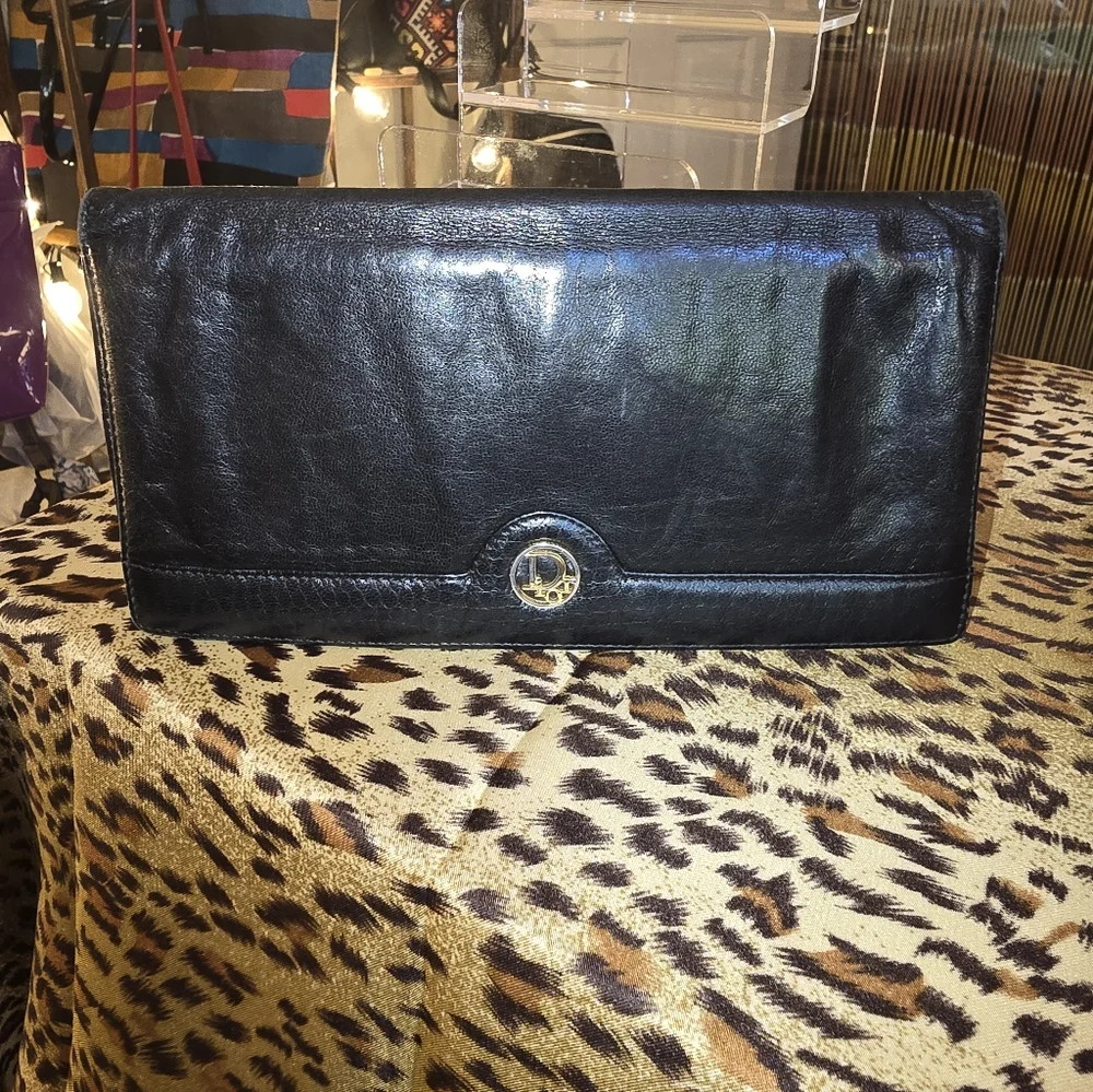 Dior Black Leather Wallet With Gold Accent